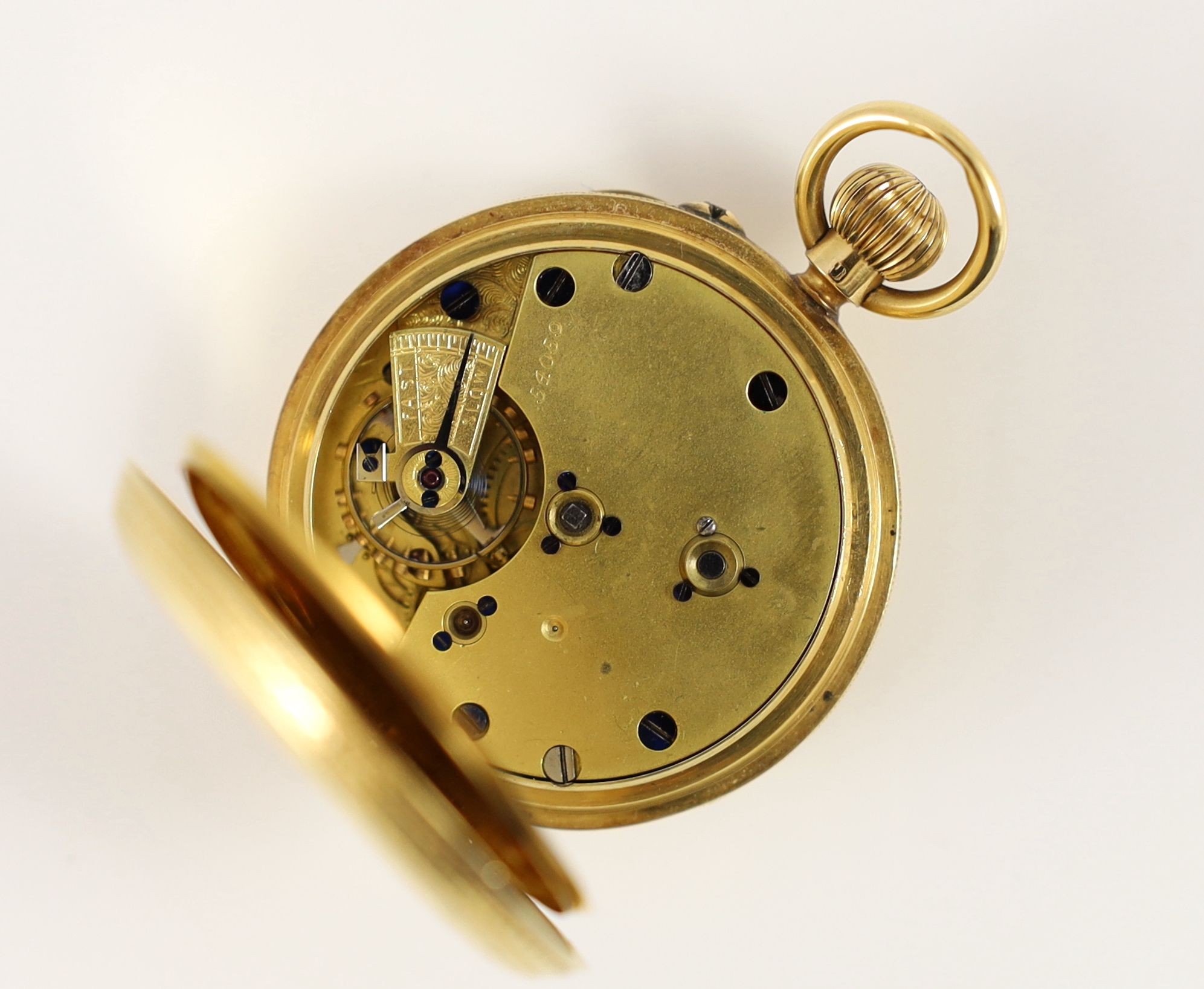 A late Victorian engraved 18ct gold keyless pocket watch